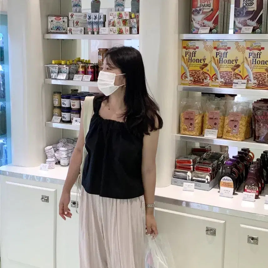 [BUNJANG] Flowing Boat String Blouse Black / 플로우링 보트 스트링 블라우스