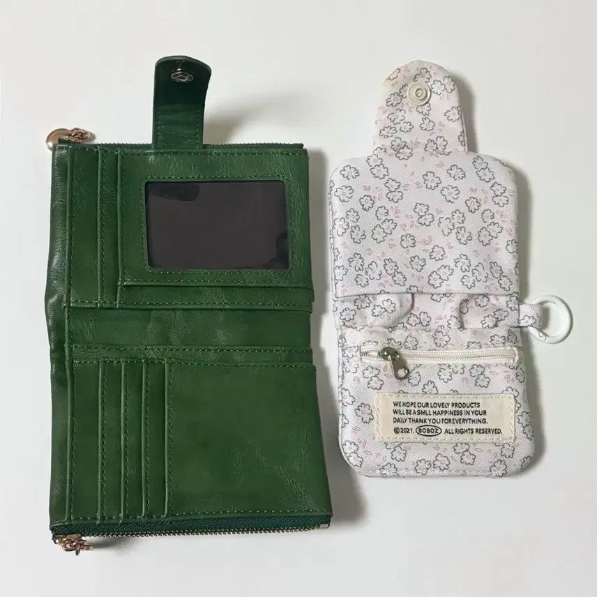 [BUNJANG] Vintage Green Leather Wallet &amp; Floral Pouch Set / 그린 가죽 초록 빈티지 반지갑 / 꽃무늬 감성 파우치 키링 미니 지갑