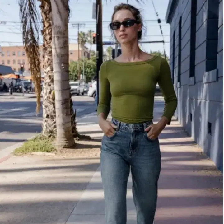 [BUNJANG] Zara Boat Neck T-Shirt Olive Oil M / 자라 보트넥 티셔츠 올리브 오일 M 새상품