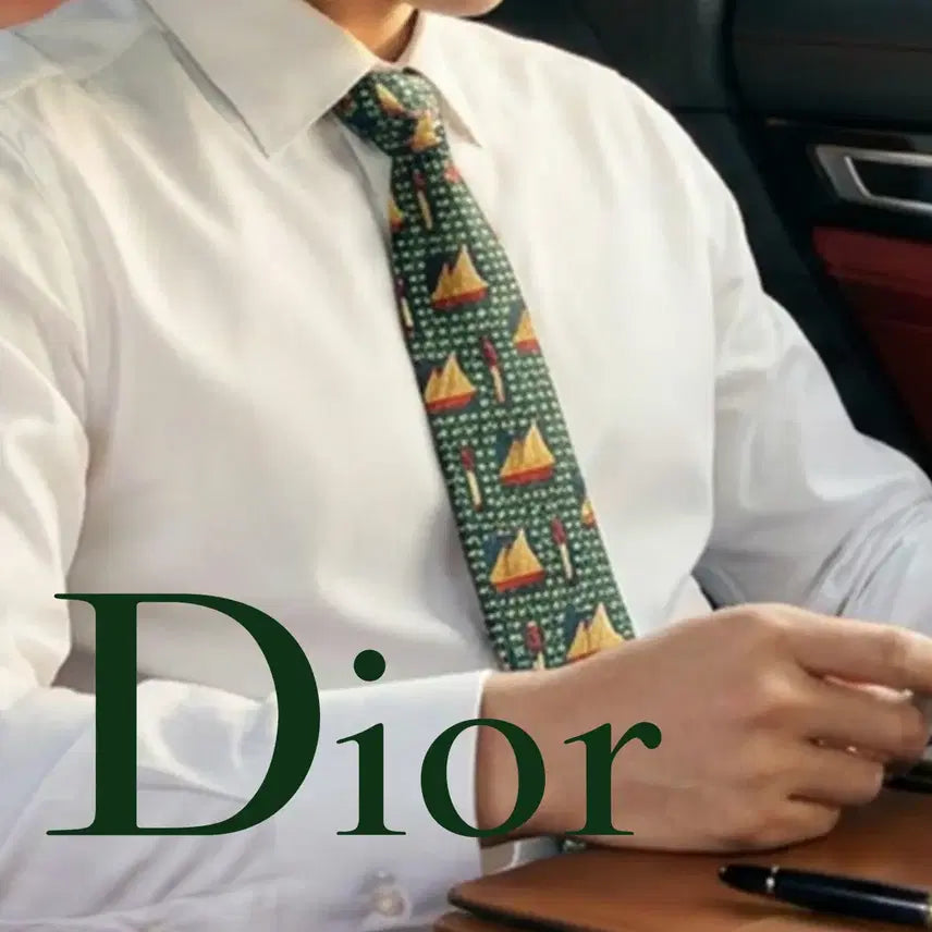 [BUNJANG] Christian Dior Silk Nautical Ship Motif Necktie / 크리스찬 디올 실크 그린 배 모티브 넥타이 9.5cm A+등급 E938