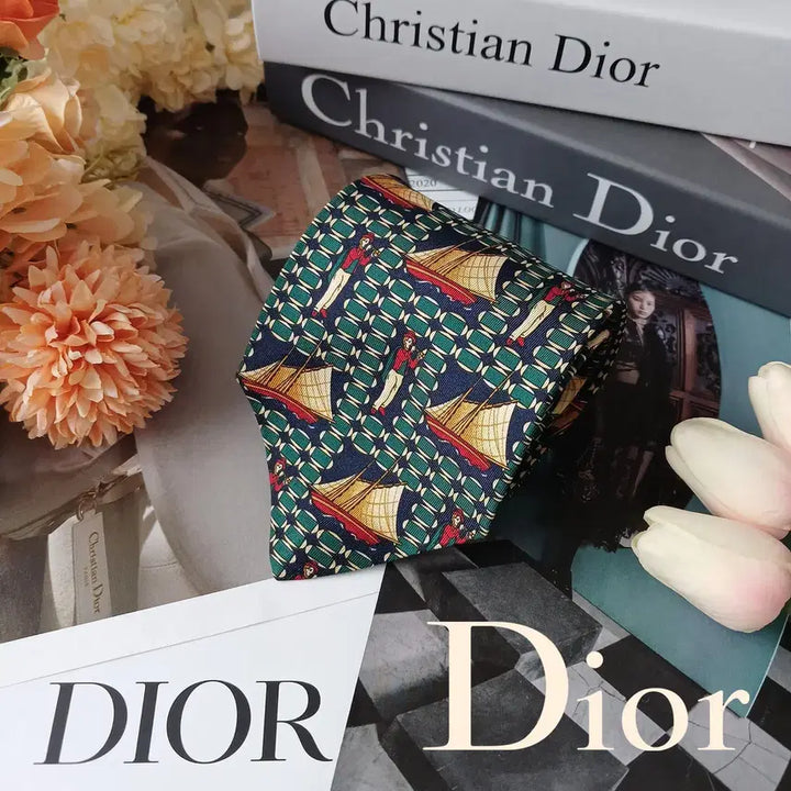 [BUNJANG] Christian Dior Silk Nautical Ship Motif Necktie / 크리스찬 디올 실크 그린 배 모티브 넥타이 9.5cm A+등급 E938