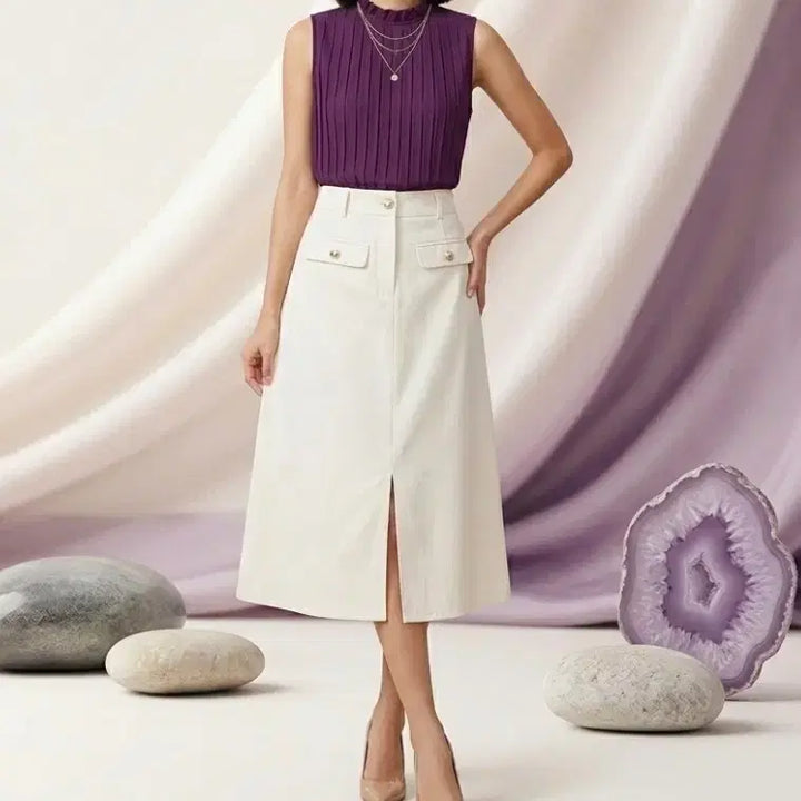 [BUNJANG] Deep Purple Ruffle Neck Accordion Pleats Long Blouse / (새제품/미착용) 딥퍼플 프릴넥 아코디언 플리츠 롱 블라우스
