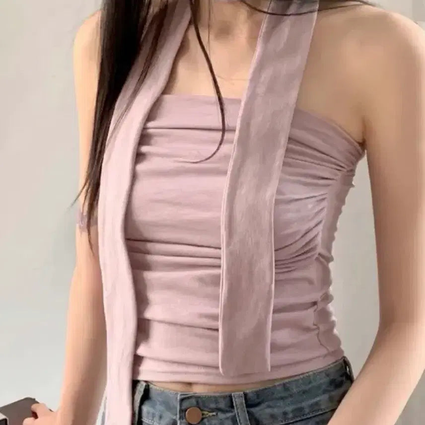 [BUNJANG] Shirring Pink Tube Top Set / (1회시착) 타이 셔링 핑크 튜브탑 세트