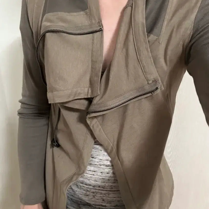 [BUNJANG] Rick Owens Rickmats Asymmetrical High Neck Khaki Brown Slave Jacket / 릭맛 락시크 사선 하이넥 카키 브라운 슬레이브 자켓