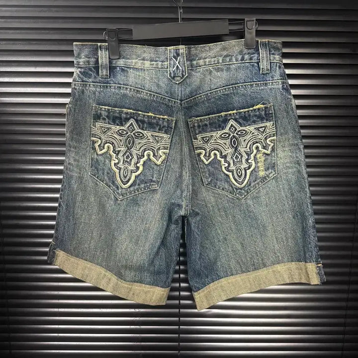 [BUNJANG] ANTIK DENIM Washed Denim Western Ethnic Embroidered Pocket Shorts / ANTIK DENIM 워싱 데님 웨스턴 에스닉 자수 포켓 반바지 32