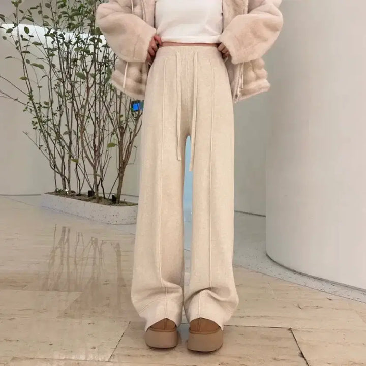 [BUNJANG] Knit Wide Pants - Oatmeal Beige / 절개 니트와이드팬츠 새상품 정가3.5