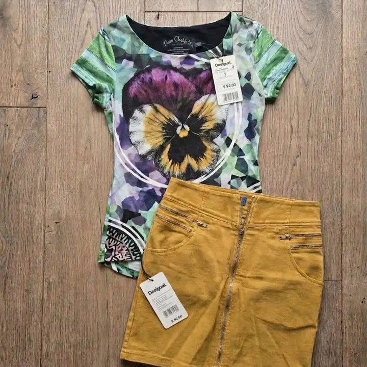 [BUNJANG] Desigual Pansy Flower Pattern Unique Short Sleeve T-Shirt (S) / [데시구알] 팬지 플라워 패턴 유니크 반팔 티셔츠 (S)