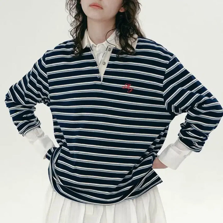 [BUNJANG] Margarine Fingers Stripe PK T-shirt Navy / 마가린핑거스 스트라이프 PK 티셔츠 네이비