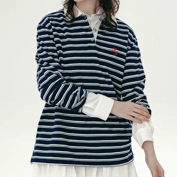 [BUNJANG] Margarine Fingers Stripe PK T-shirt Navy / 마가린핑거스 스트라이프 PK 티셔츠 네이비