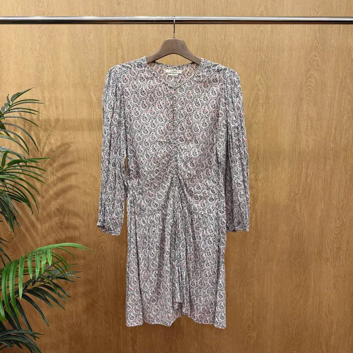 [BUNJANG] Isabel Marant Etoile Floral Pattern Shirring Dress with Drape Detail - Ivory / 이자벨마랑 에뚜왈 플라워 패턴 셔링 원피스 드레이프 디테일 아이보리