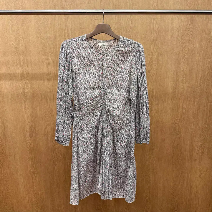 [BUNJANG] Isabel Marant Etoile Floral Pattern Shirring Dress with Drape Detail - Ivory / 이자벨마랑 에뚜왈 플라워 패턴 셔링 원피스 드레이프 디테일 아이보리