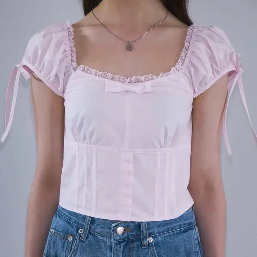 [BUNJANG] Rosy Franc Ribbon Pintuck Crop Blouse Pink / 로제프란츠 리본 핀턱 크롭 블라우스 핑크