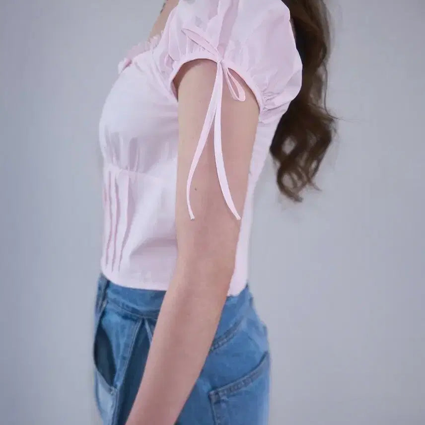 [BUNJANG] Rosy Franc Ribbon Pintuck Crop Blouse Pink / 로제프란츠 리본 핀턱 크롭 블라우스 핑크