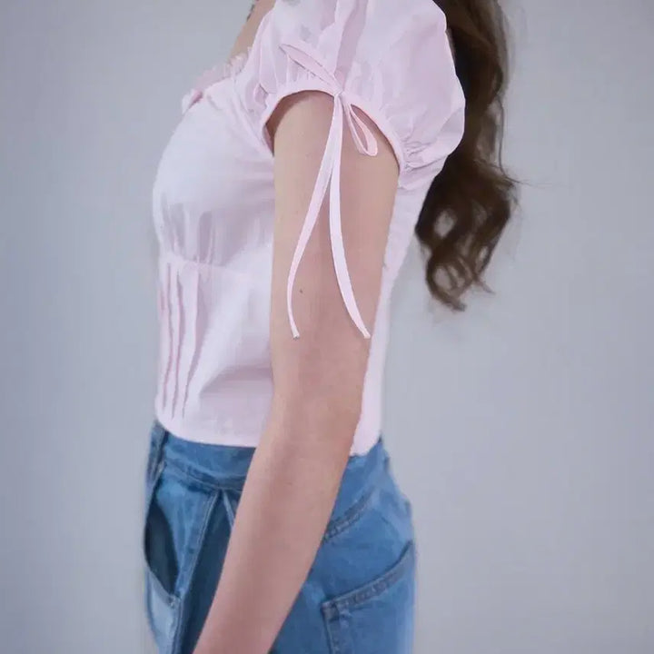 [BUNJANG] Rosy Franc Ribbon Pintuck Crop Blouse Pink / 로제프란츠 리본 핀턱 크롭 블라우스 핑크