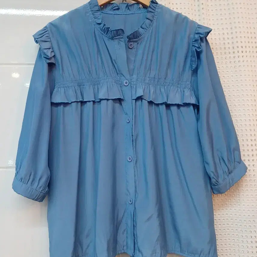 [BUNJANG] Frill Blouse 7/8 Sleeve / 프릴 블루 블라우스 7부 M~L
