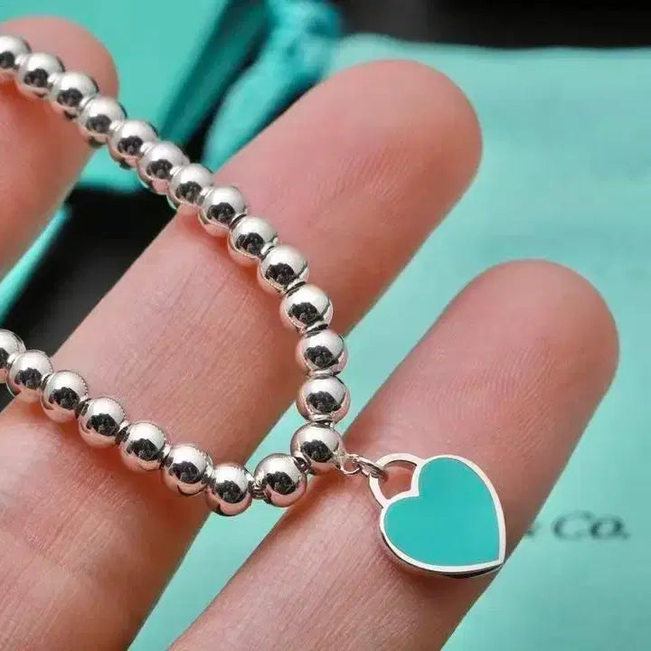[BUNJANG] Tiffany &amp; Co. Return to Tiffany Sterling Silver Blue Heart Charm Beaded Chain Necklace Bracelet Set / 티파니 목걸이 팔찌