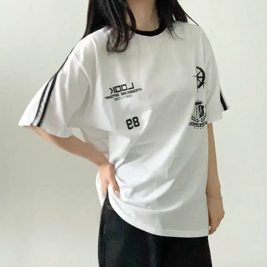 [BUNJANG] Line Print Short Sleeve T-Shirt Black / 라인 프린팅 반팔티 색상택1
