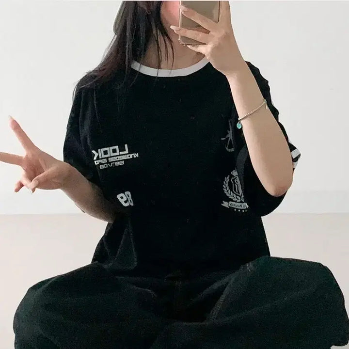 [BUNJANG] Line Print Short Sleeve T-Shirt Black / 라인 프린팅 반팔티 색상택1