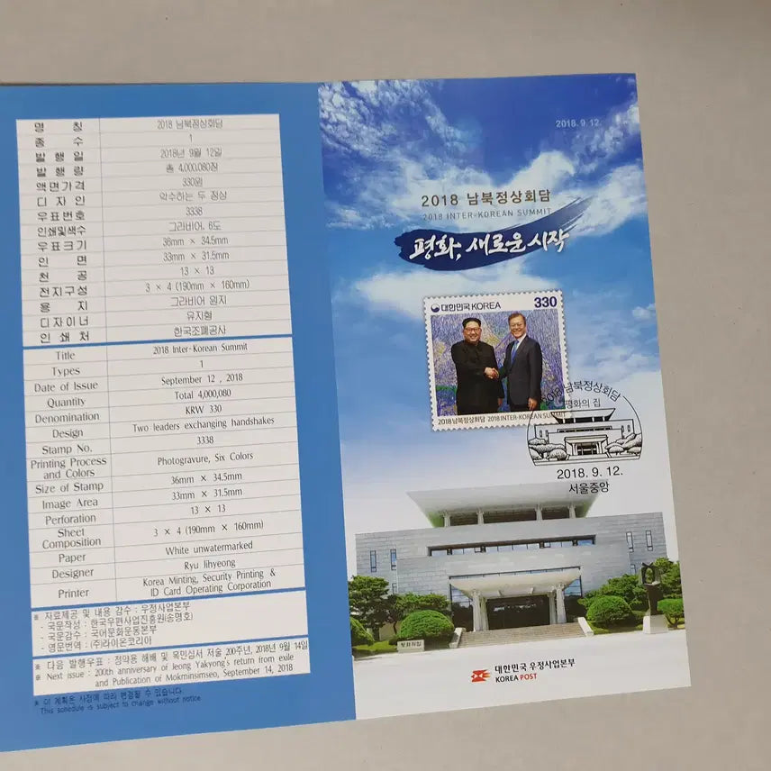 [BUNJANG] 2018 Inter-Korean Summit Commemorative First Day Cover (for Stamp Album) / 2018남북정상회담 기념 초일봉투 (우표첩용)