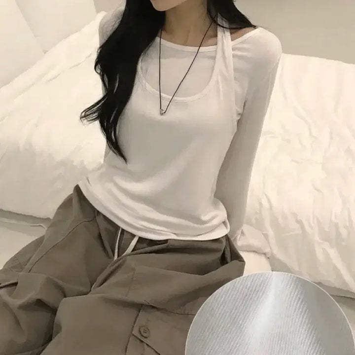 [BUNJANG] White Layered Long Sleeve T-Shirt with Camisole / 여리핏 화이트 끈나시 레이어드 긴팔티