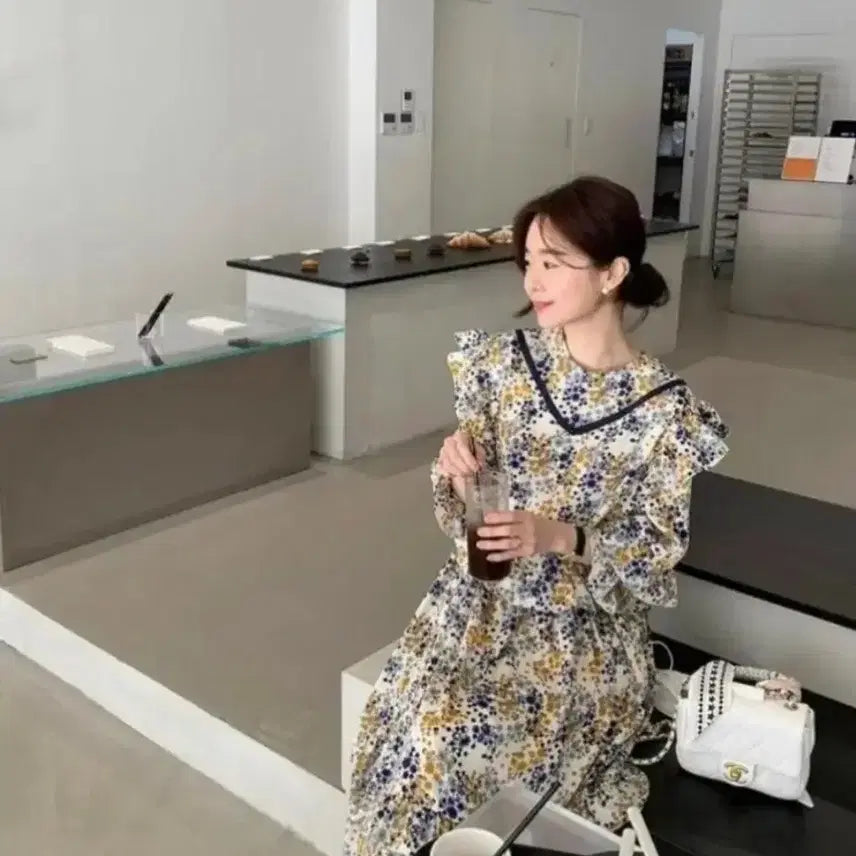 [BUNJANG] Bysini Handmade Long Dress Ivory Navy Yellow Pattern / 바이씨니 제작 롱 원피스