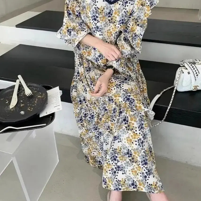 [BUNJANG] Bysini Handmade Long Dress Ivory Navy Yellow Pattern / 바이씨니 제작 롱 원피스