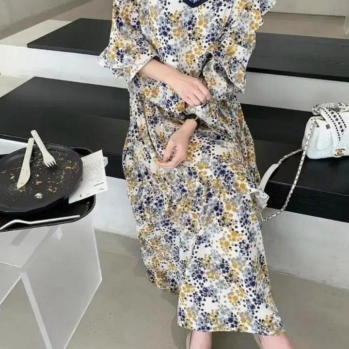 [BUNJANG] Bysini Handmade Long Dress Ivory Navy Yellow Pattern / 바이씨니 제작 롱 원피스