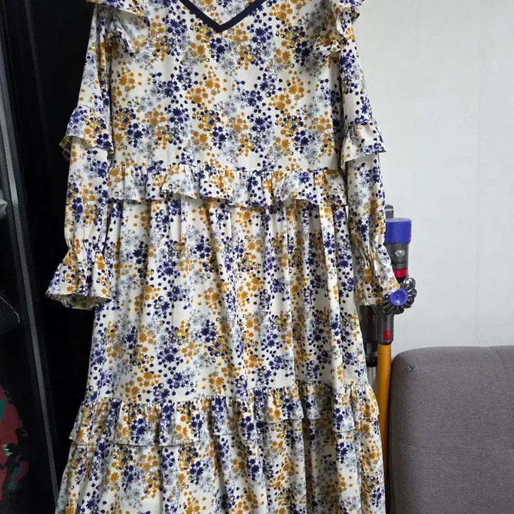 [BUNJANG] Bysini Handmade Long Dress Ivory Navy Yellow Pattern / 바이씨니 제작 롱 원피스