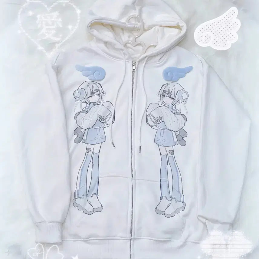 [BUNJANG] Subculture Anime Wing Print Hooded Zip-Up Jacket / 서브컬처 양산형 날개 애니메이션 프린트 후드집업