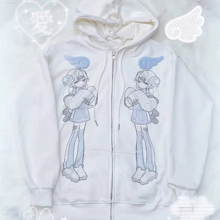 [BUNJANG] Subculture Anime Wing Print Hooded Zip-Up Jacket / 서브컬처 양산형 날개 애니메이션 프린트 후드집업