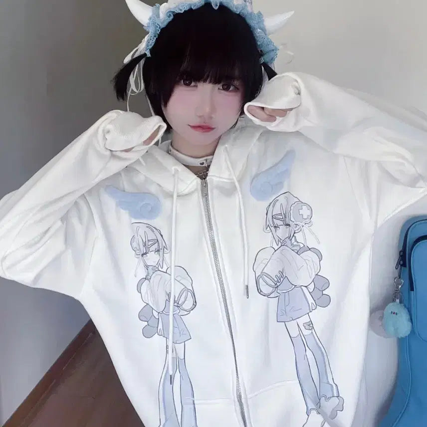 [BUNJANG] Subculture Anime Wing Print Hooded Zip-Up Jacket / 서브컬처 양산형 날개 애니메이션 프린트 후드집업