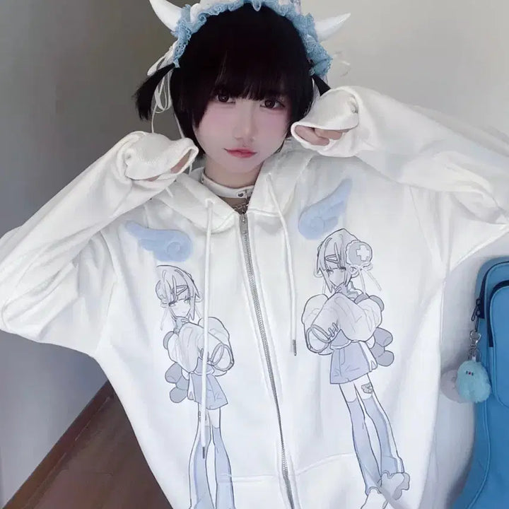 [BUNJANG] Subculture Anime Wing Print Hooded Zip-Up Jacket / 서브컬처 양산형 날개 애니메이션 프린트 후드집업