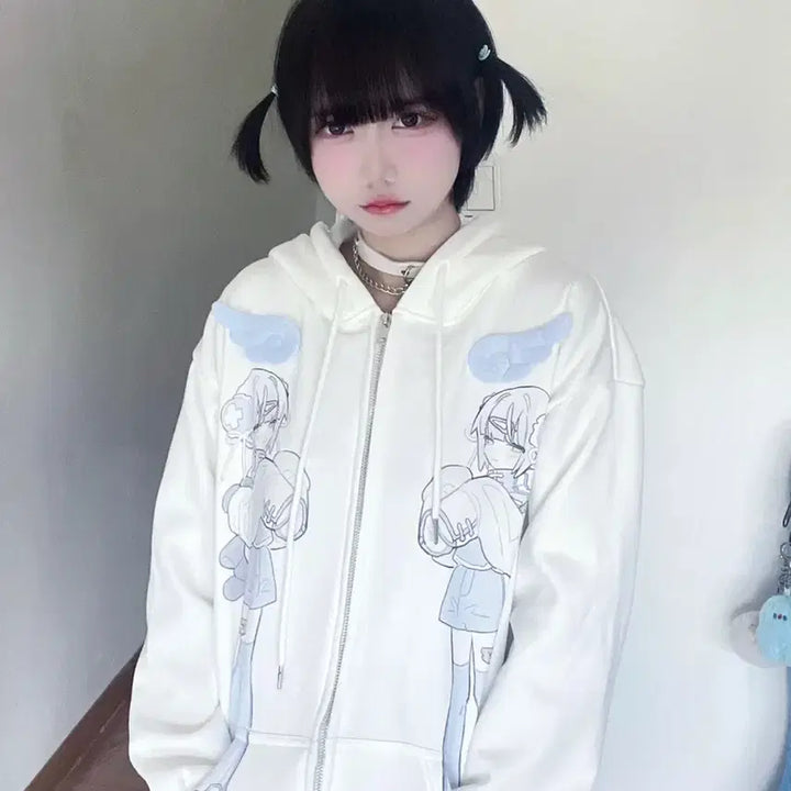 [BUNJANG] Subculture Anime Wing Print Hooded Zip-Up Jacket / 서브컬처 양산형 날개 애니메이션 프린트 후드집업