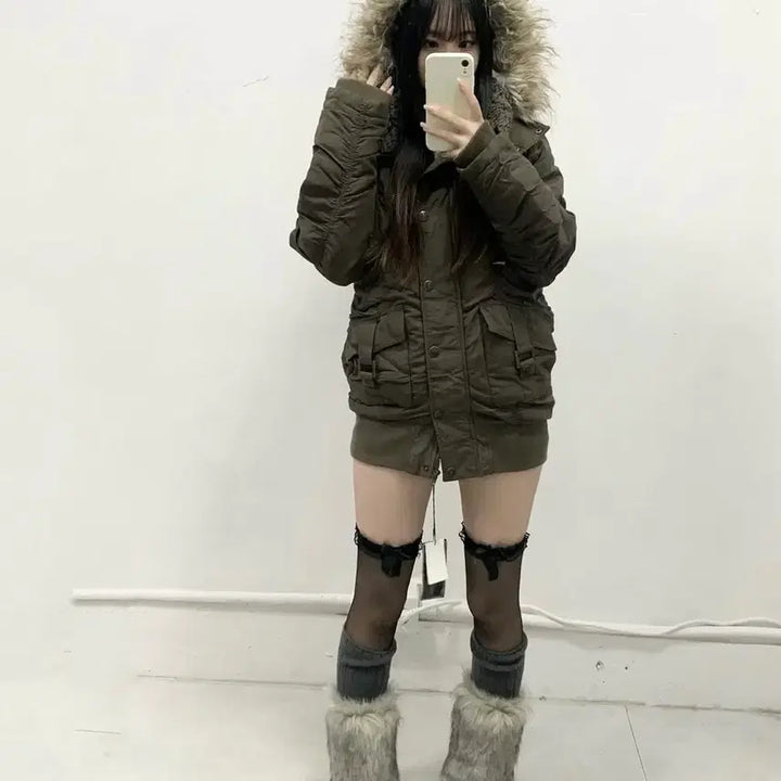 [BUNJANG] Chumee Vintage Fur Parka Y2K Brown Khaki / 츄미 빈티지 퍼 야상 퍼 패딩 갸루 y2k 브라운카키 graffi