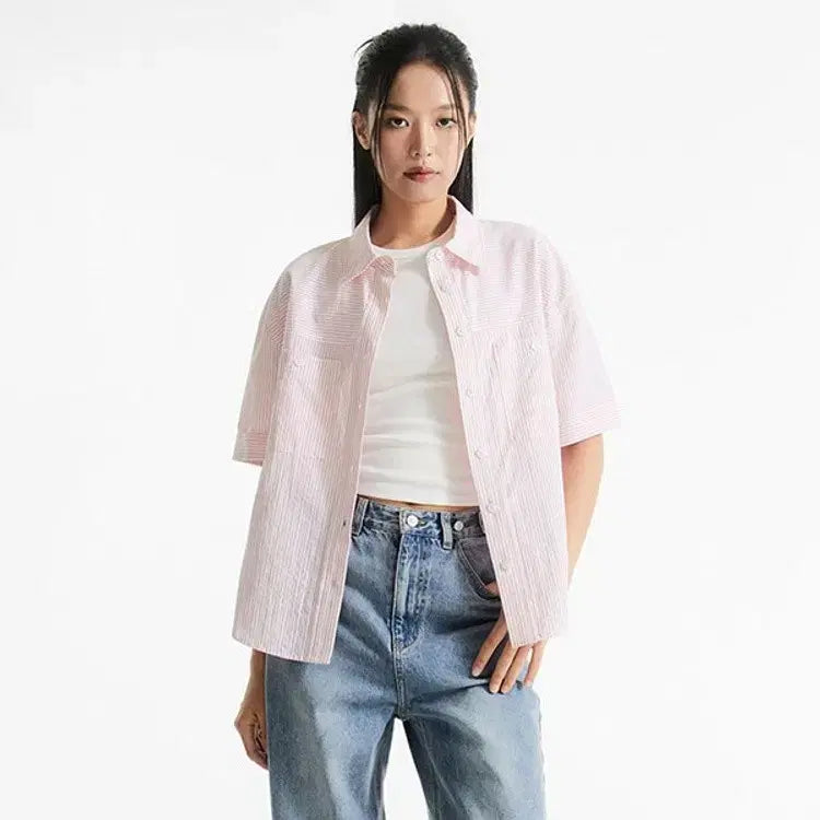 [BUNJANG] MIXXO Stripe Short Sleeve Shirt Pink / 미쏘 스트라이프 반팔 셔츠 핑크