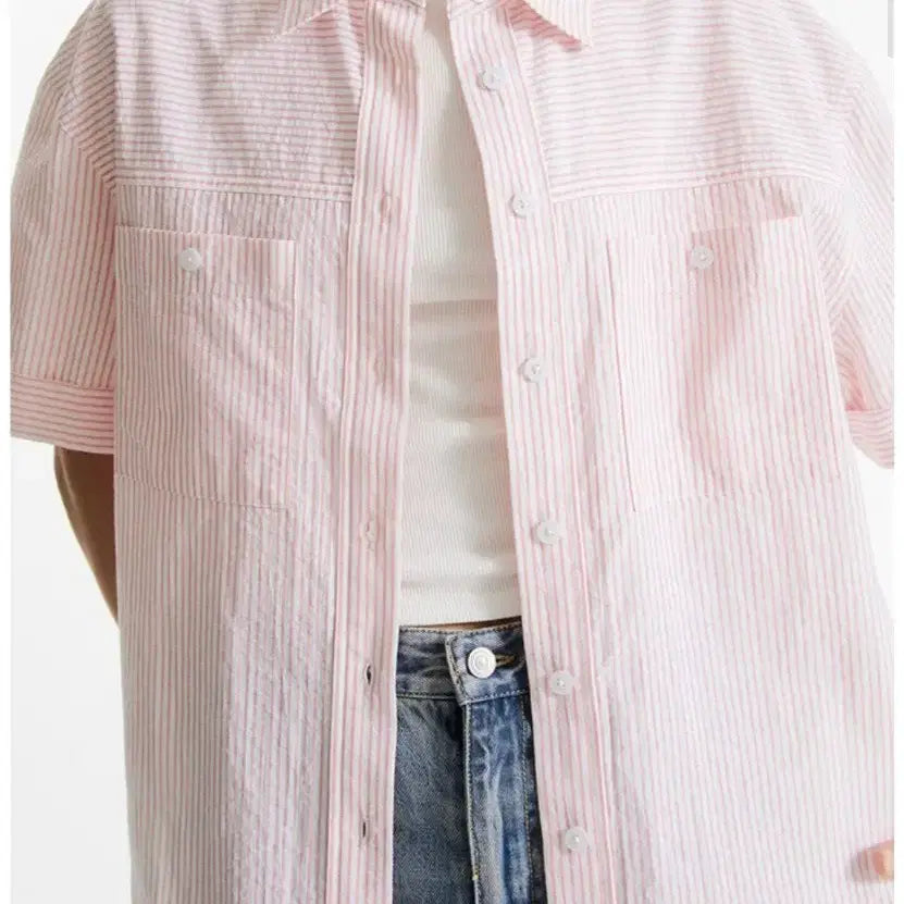 [BUNJANG] MIXXO Stripe Short Sleeve Shirt Pink / 미쏘 스트라이프 반팔 셔츠 핑크