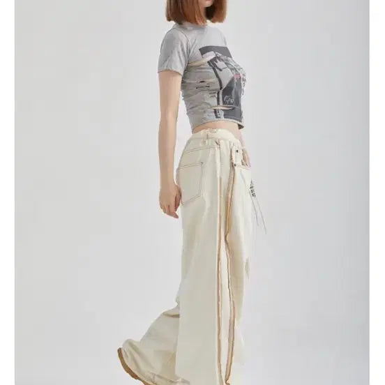 [BUNJANG] Gatless Wide Cargo Denim Pants - Ivory / 게이트리스 와이드 데님 팬츠 아이보리