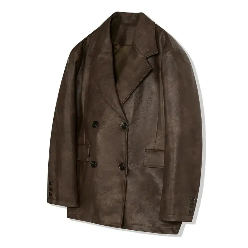 [BUNJANG] VIVABROWN Double Breasted Vegan Leather Jacket / 비바브라운 더블 브레스티드 비건레더 자켓 free