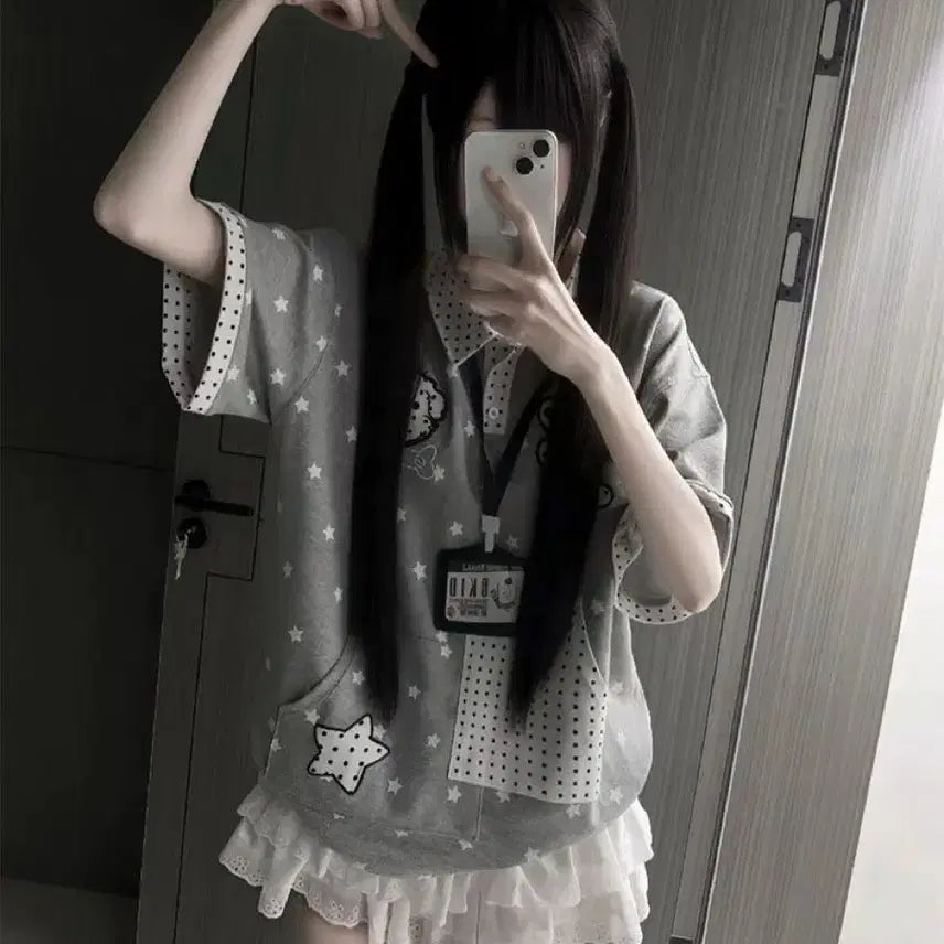 [BUNJANG] POLO Oversized Star Dot T-Shirt (2 Colors) / 서브컬처 귀여운 POLO  오버사이즈 별 도트 티셔츠(2컬러)