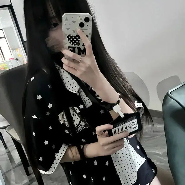 [BUNJANG] POLO Oversized Star Dot T-Shirt (2 Colors) / 서브컬처 귀여운 POLO  오버사이즈 별 도트 티셔츠(2컬러)