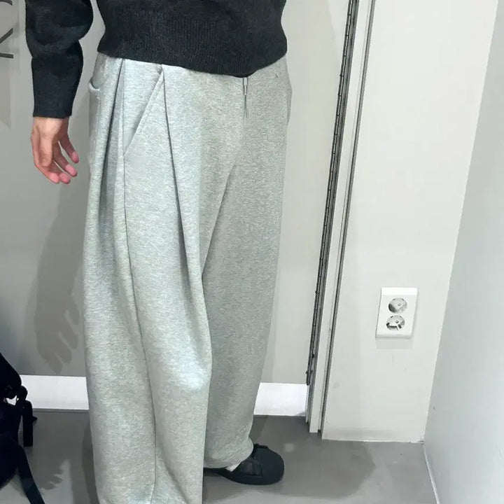 [BUNJANG] Suede Two-Tuck Long Wide Pants - Grey, M / 스웨이드 투턱 롱 와이드 팬츠 회색 m