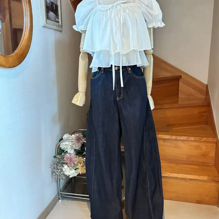 [BUNJANG] White Puff Blouse + Denim Wide Pants Set / 화이트 퍼프 블라우스 + 데님 와이드 팬츠 OOTJORGN