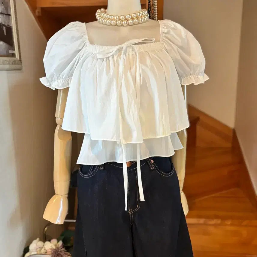 [BUNJANG] White Puff Blouse + Denim Wide Pants Set / 화이트 퍼프 블라우스 + 데님 와이드 팬츠 OOTJORGN