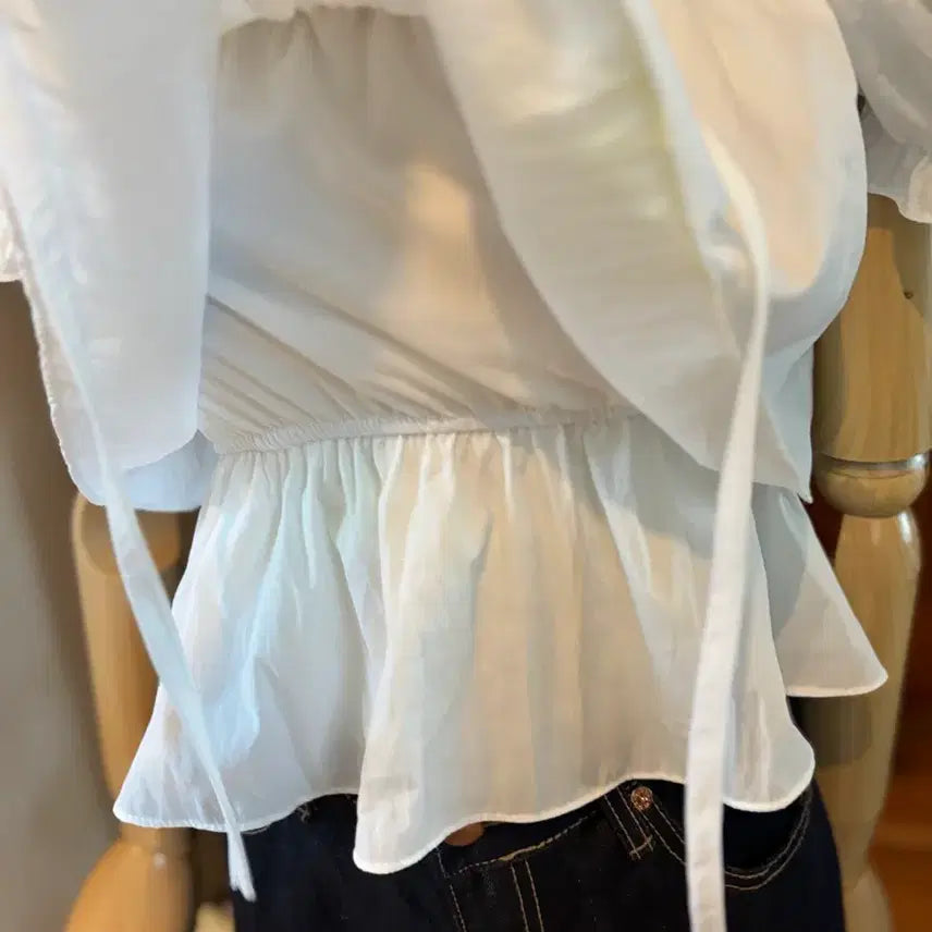 [BUNJANG] White Puff Blouse + Denim Wide Pants Set / 화이트 퍼프 블라우스 + 데님 와이드 팬츠 OOTJORGN