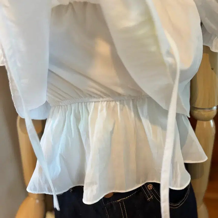 [BUNJANG] White Puff Blouse + Denim Wide Pants Set / 화이트 퍼프 블라우스 + 데님 와이드 팬츠 OOTJORGN