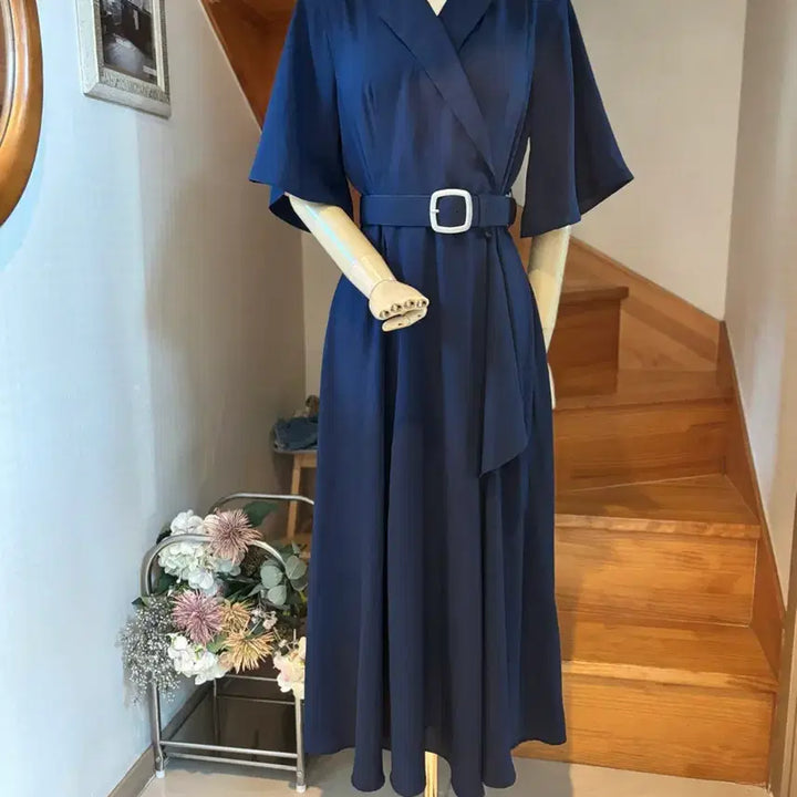 [SOLD OUT] 랩 스타일 벨트 롱 원피스 네이비