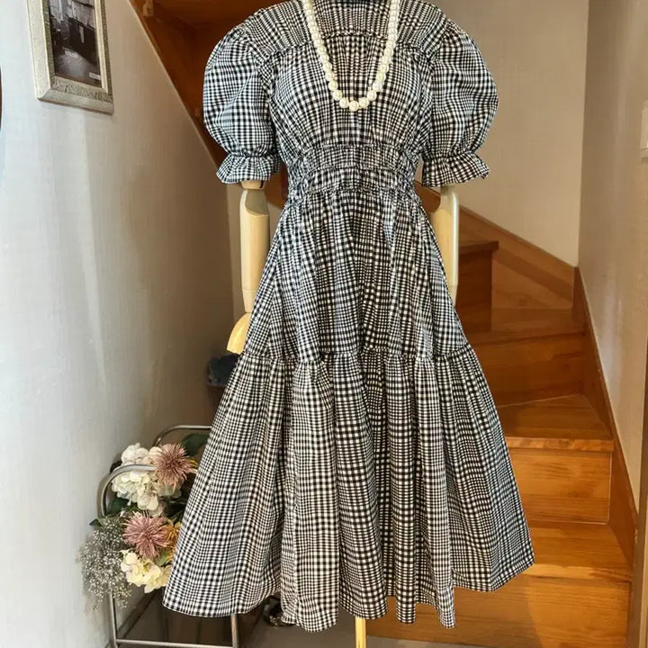 [BUNJANG] Gingham Check Puff Sleeve Flare Long Dress / 깅엄체크 퍼프 플레어 원피스 바스락