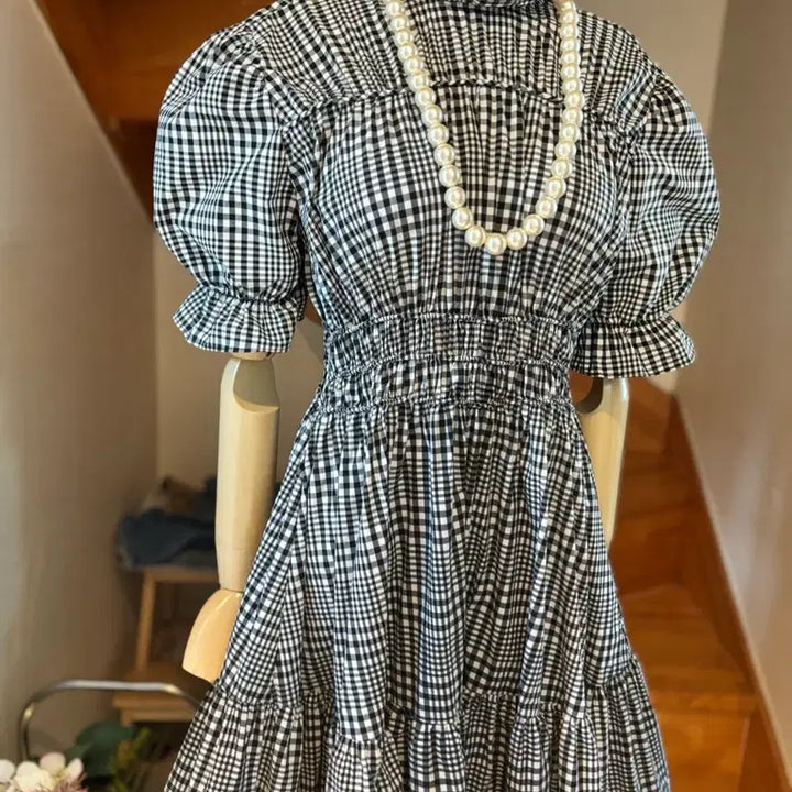 [BUNJANG] Gingham Check Puff Sleeve Flare Long Dress / 깅엄체크 퍼프 플레어 원피스 바스락