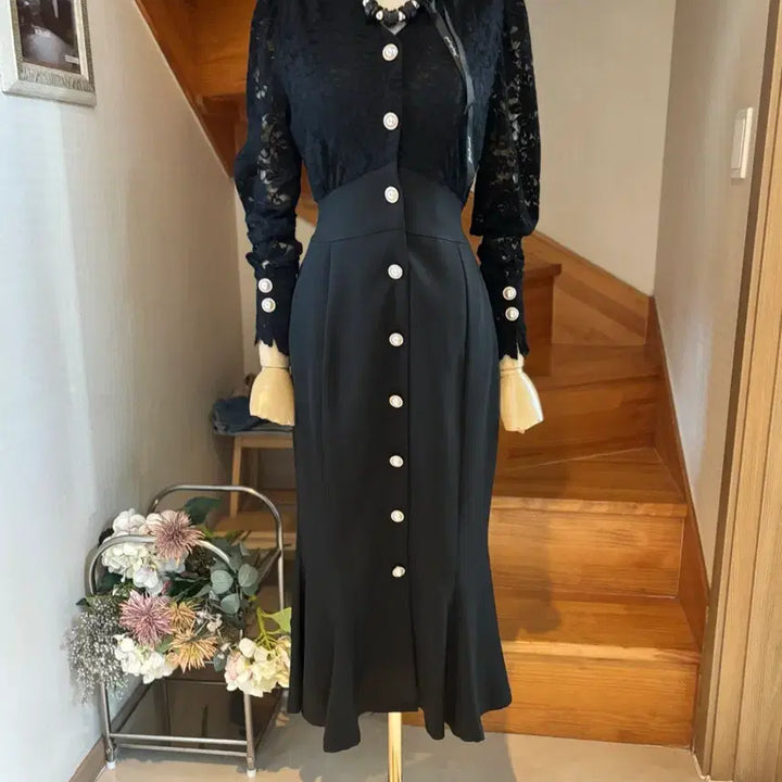 [BUNJANG] Black Lace Pearl Button Long Dress / 레이스 블랙 원피스 진주 버튼 JLP내수