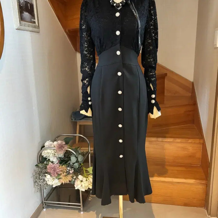 [BUNJANG] Black Lace Pearl Button Long Dress / 레이스 블랙 원피스 진주 버튼 JLP내수